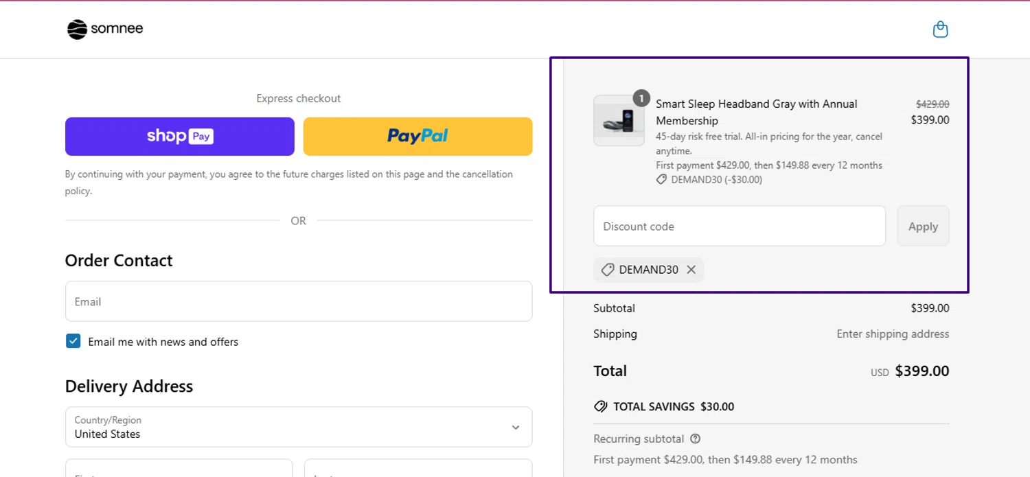 Somnee promo code screenshot showing code DEMAND30 applied at Somnee checkout page. Uploaded by SimplyCodes community member Swiftdealz on Mar 31, 2025