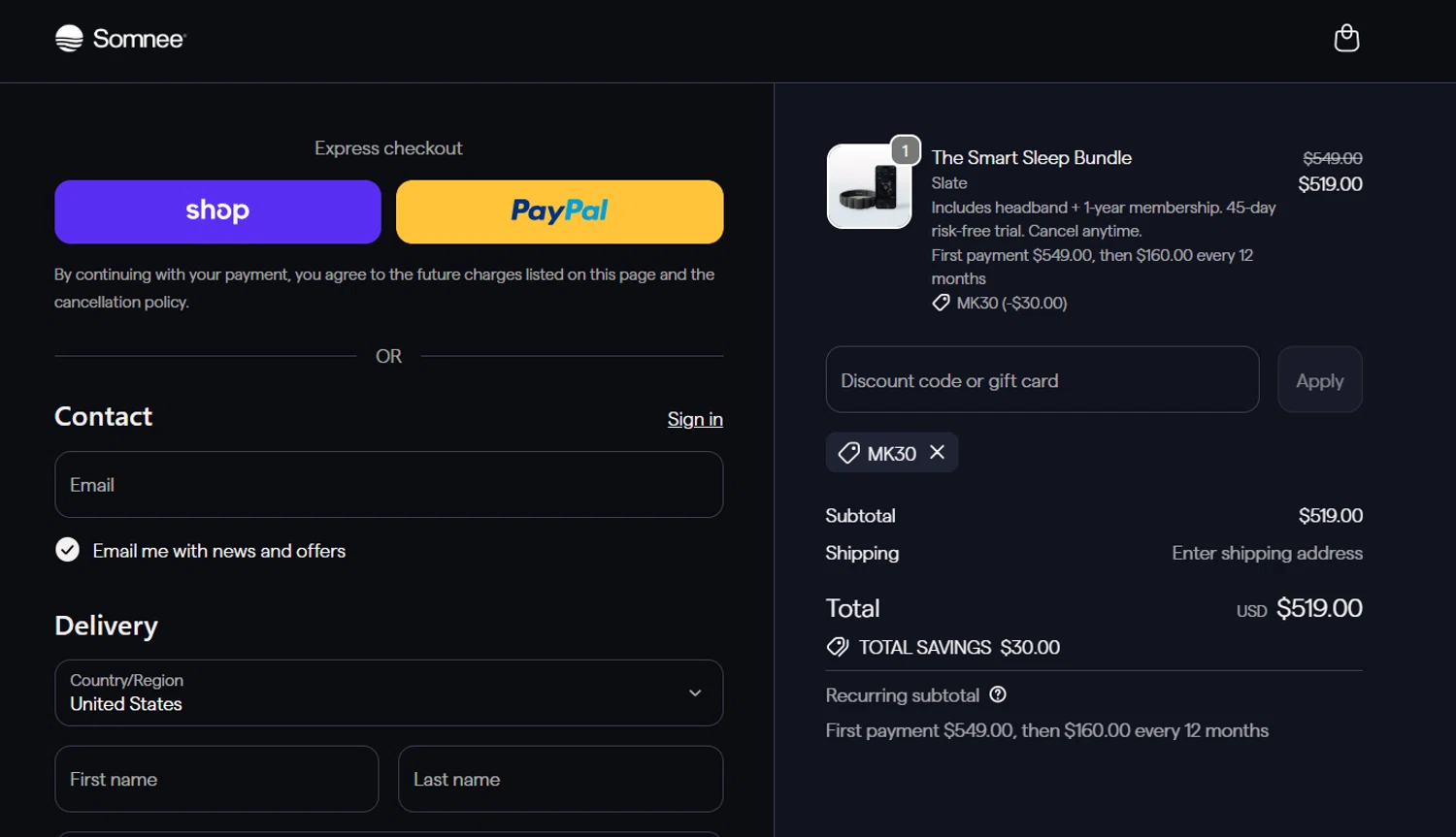 Somnee promo code screenshot showing code MK30 applied at Somnee checkout page. Uploaded by SimplyCodes community member antonietarodriguez96 on Nov 6, 2025