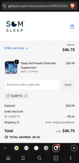 SLEEP15 coupon verification screenshot