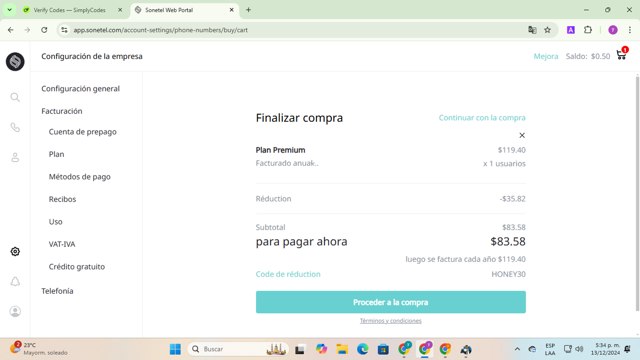 Sonetel checkout page showing Sonetel promo code box | Screenshot taken by SimplyCodes community member on Dec 13, 2024