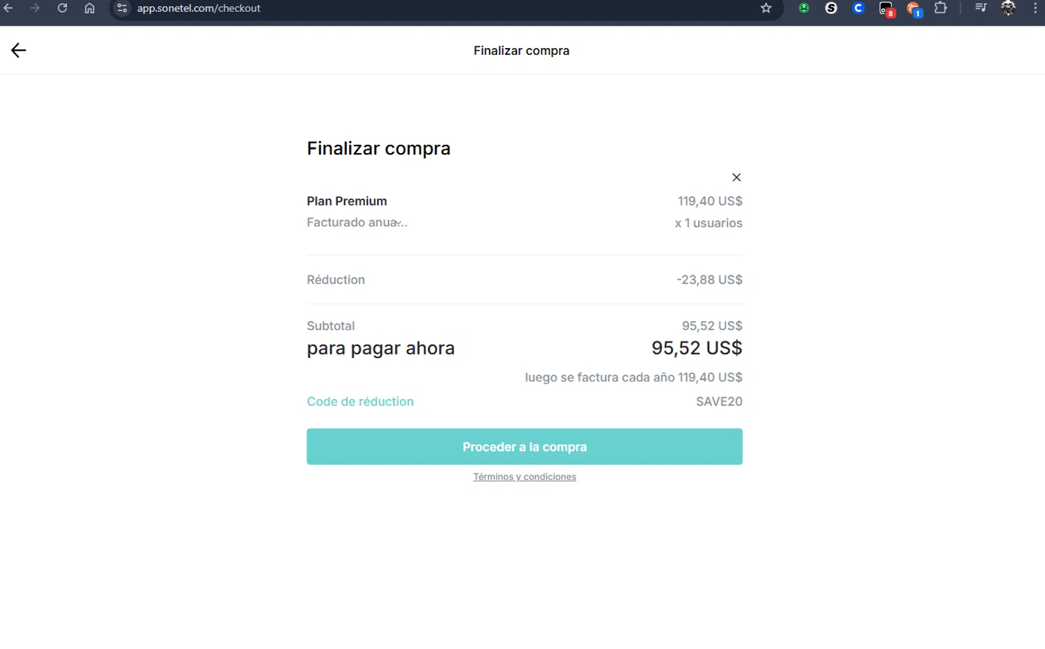 Sonetel promo code screenshot showing code SAVE20 applied at Sonetel checkout page. Uploaded by SimplyCodes community member Jmhernand1 on Feb 28, 2026