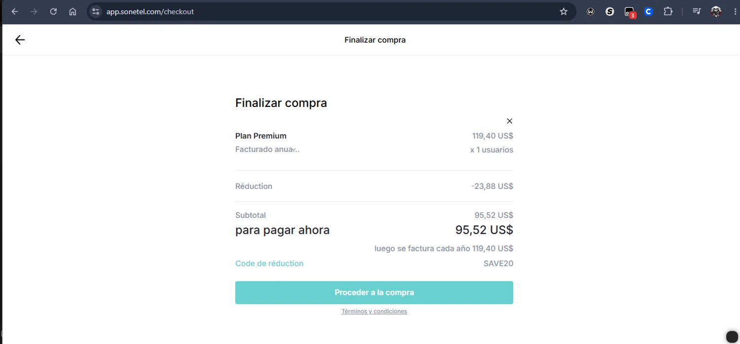 Sonetel promo code screenshot showing code SAVE20 applied at Sonetel checkout page. Uploaded by SimplyCodes community member Jmhernand1 on Jun 5, 2026