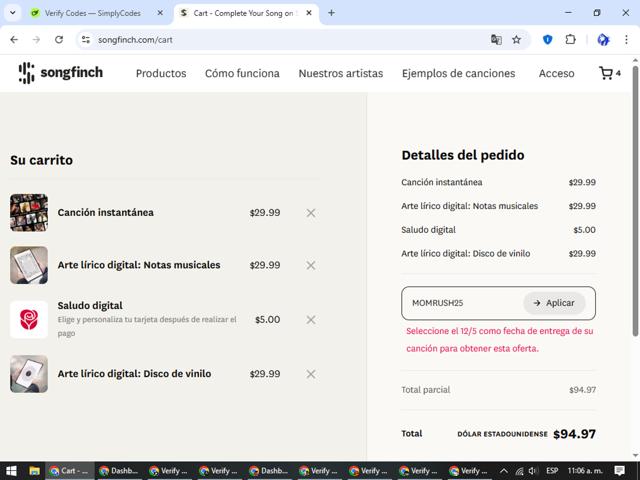 Songfinch checkout page showing Songfinch promo code box | Screenshot taken by SimplyCodes community member on Aug 16, 2025