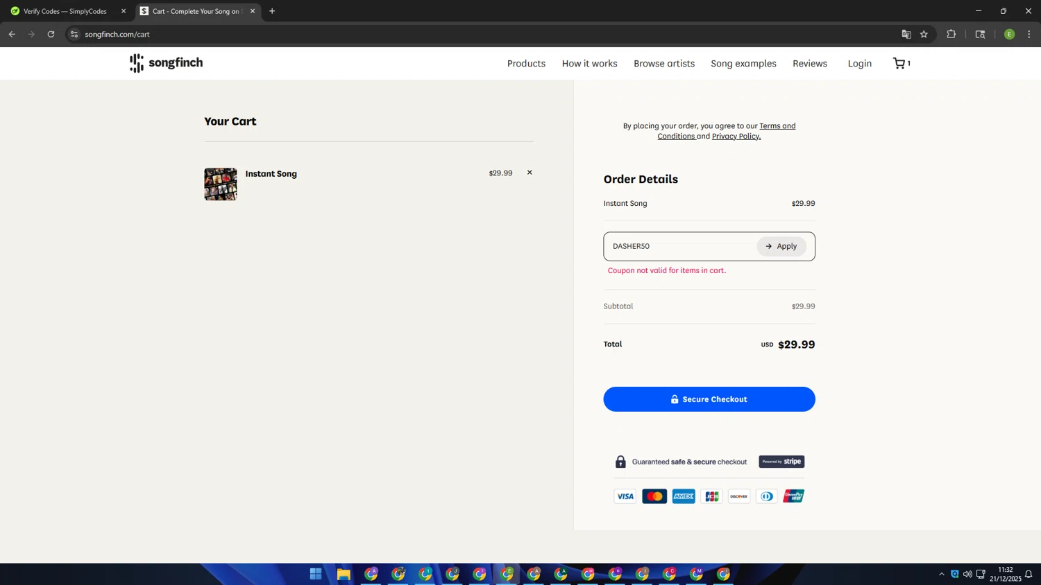 Songfinch promo code screenshot showing code DASHER50 applied at Songfinch checkout page. Uploaded by SimplyCodes community member SUZUKIV on Dec 21, 2025