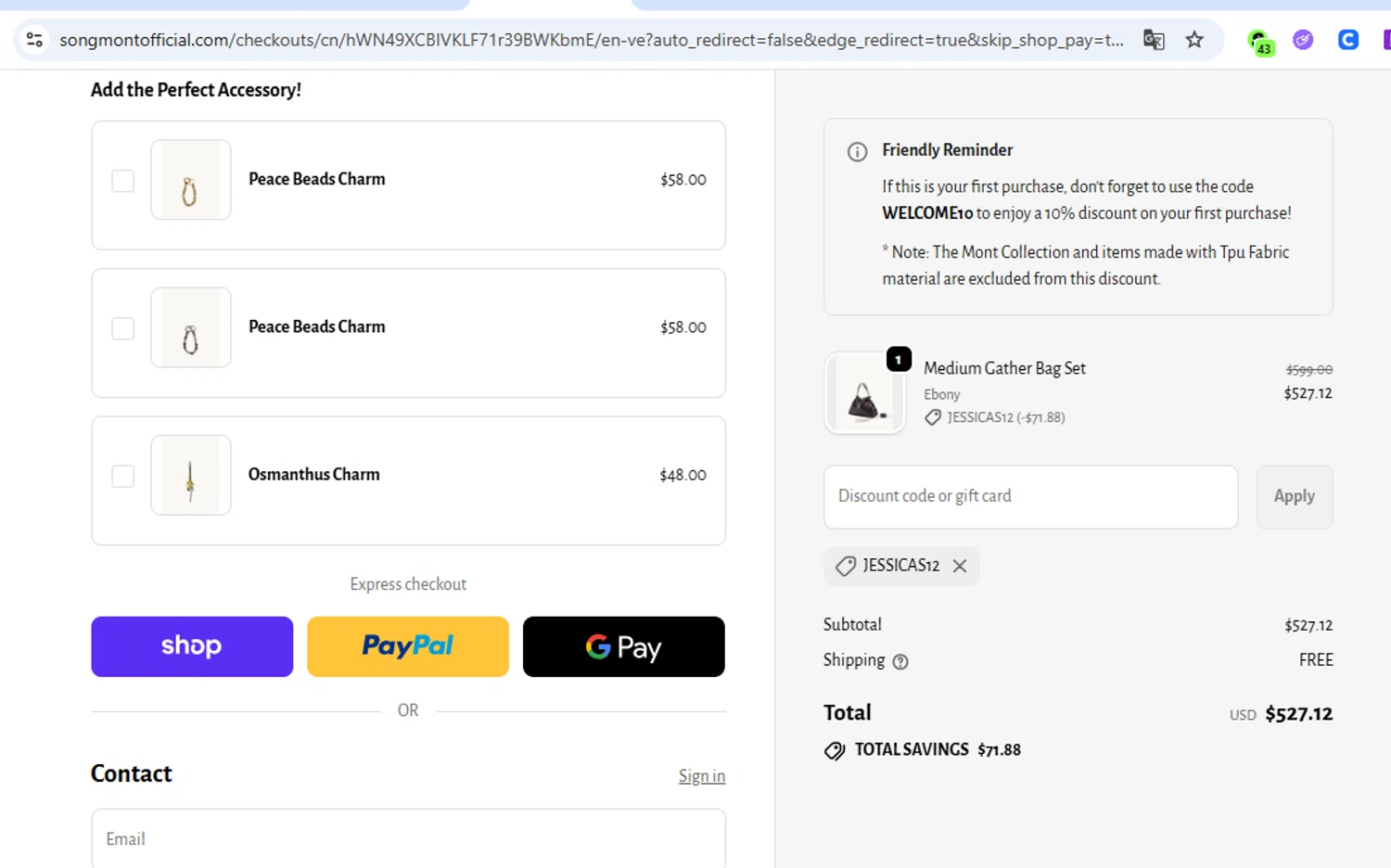 Songmont discount code screenshot showing code JESSICAS12 applied at Songmont checkout page. Uploaded by SimplyCodes community member SavvyCurator5307 on Oct 15, 2025