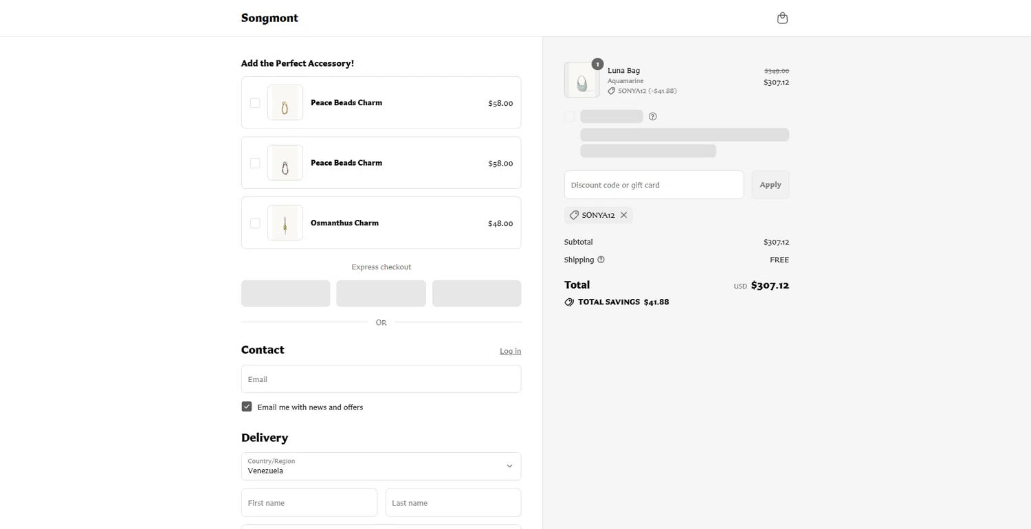 Songmont discount code screenshot showing code SONYA12 applied at Songmont checkout page. Uploaded by SimplyCodes community member DealScout769 on Jul 14, 2025