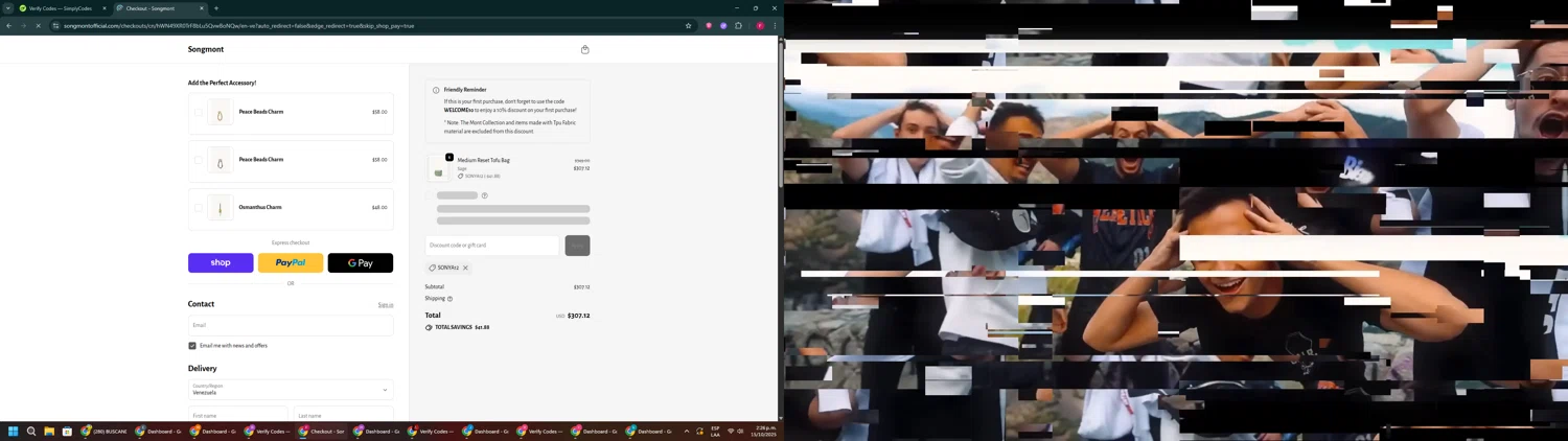 Songmont discount code screenshot showing code SONYA12 applied at Songmont checkout page. Uploaded by SimplyCodes community member ExtraordinaryVirtuoso281 on Oct 15, 2025