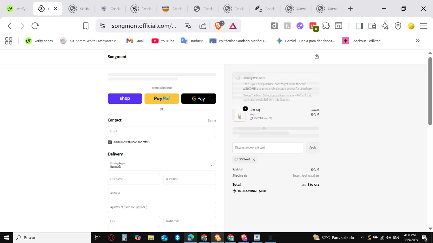 Songmont discount code screenshot showing code SONYA12 applied at Songmont checkout page. Uploaded by SimplyCodes community member conorgrey on Oct 19, 2025