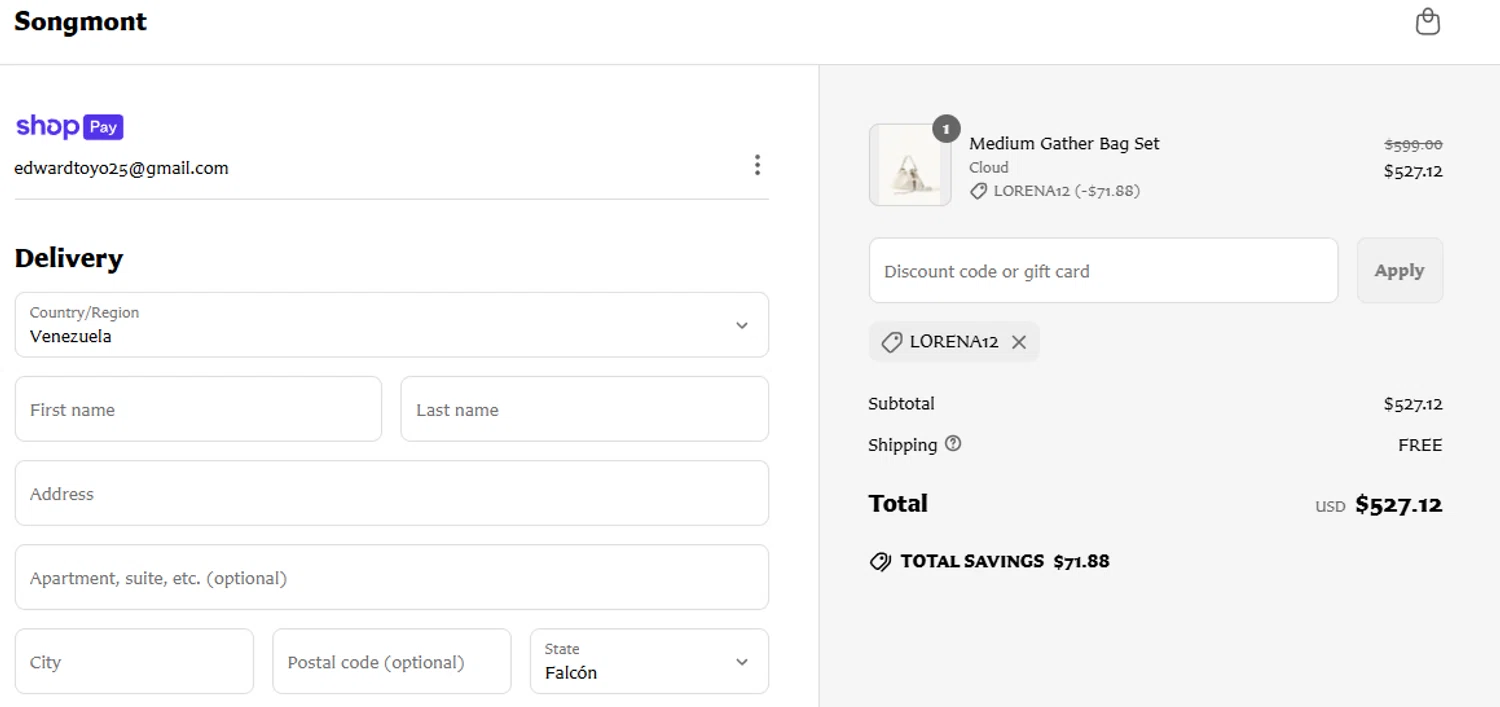Songmont discount code screenshot showing code LORENA12 applied at Songmont checkout page. Uploaded by SimplyCodes community member hierroenlol on Jun 24, 2025