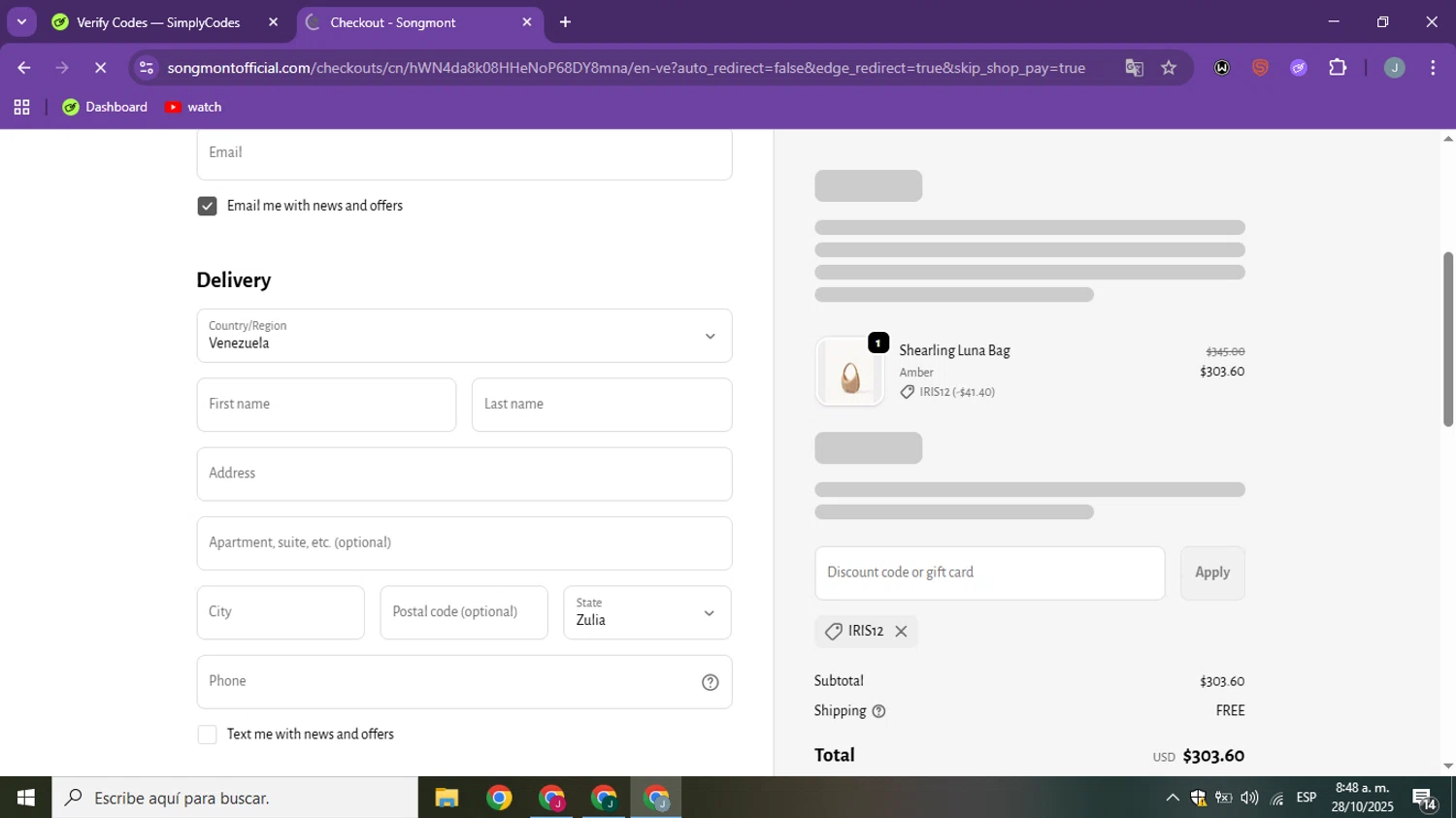 Songmont discount code screenshot showing code IRIS12 applied at Songmont checkout page. Uploaded by SimplyCodes community member ShieldSpotter3995 on Oct 28, 2025