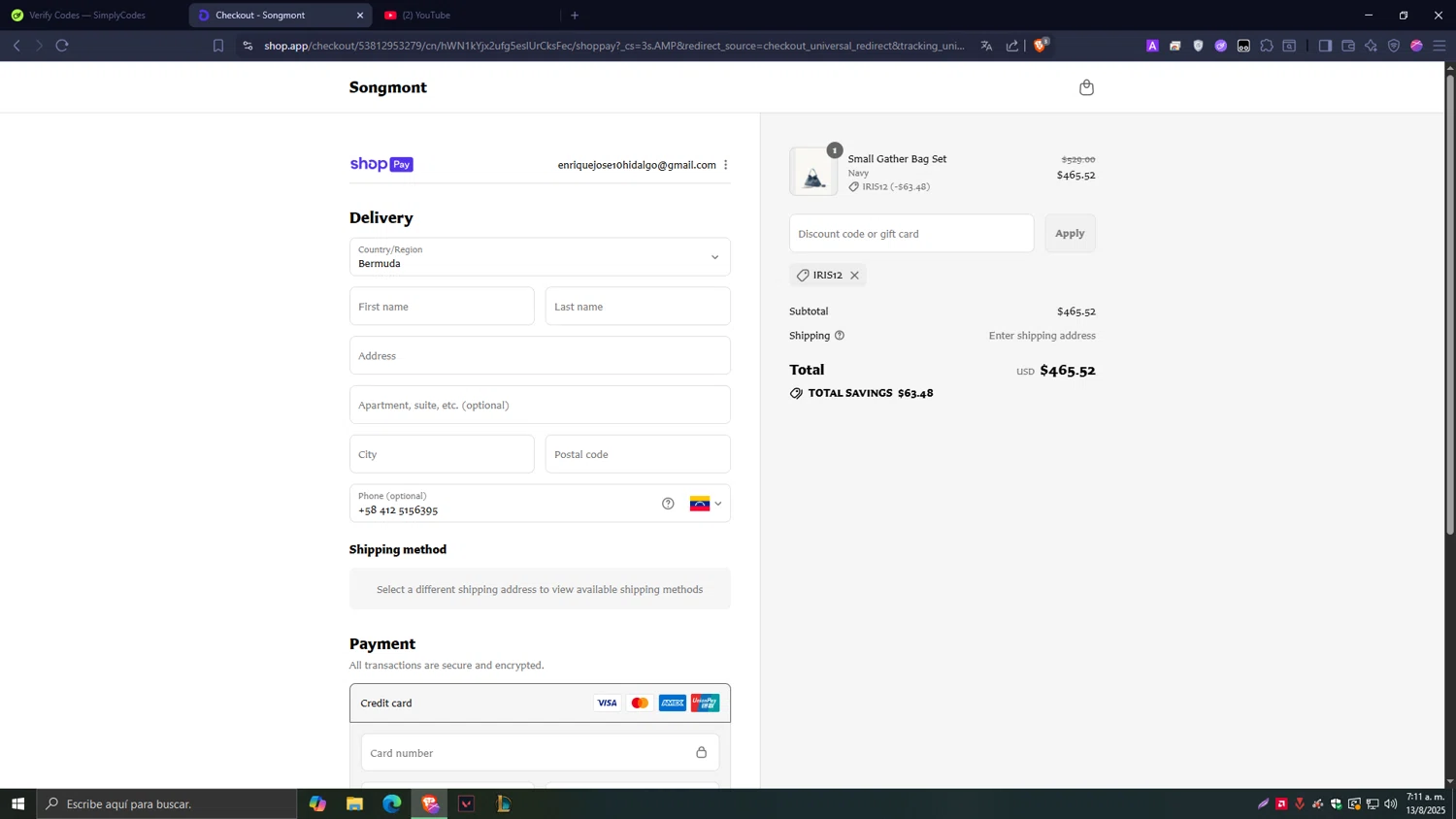 Songmont discount code screenshot showing code IRIS12 applied at Songmont checkout page. Uploaded by SimplyCodes community member Tragedy on Aug 13, 2025