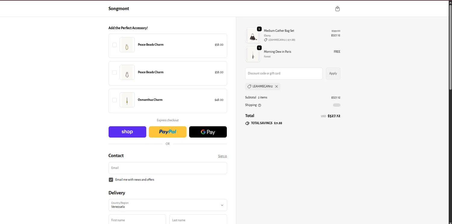 Songmont discount code screenshot showing code LEAHMEGAN12 applied at Songmont checkout page. Uploaded by SimplyCodes community member FortunateSeeker4672 on Sep 30, 2025