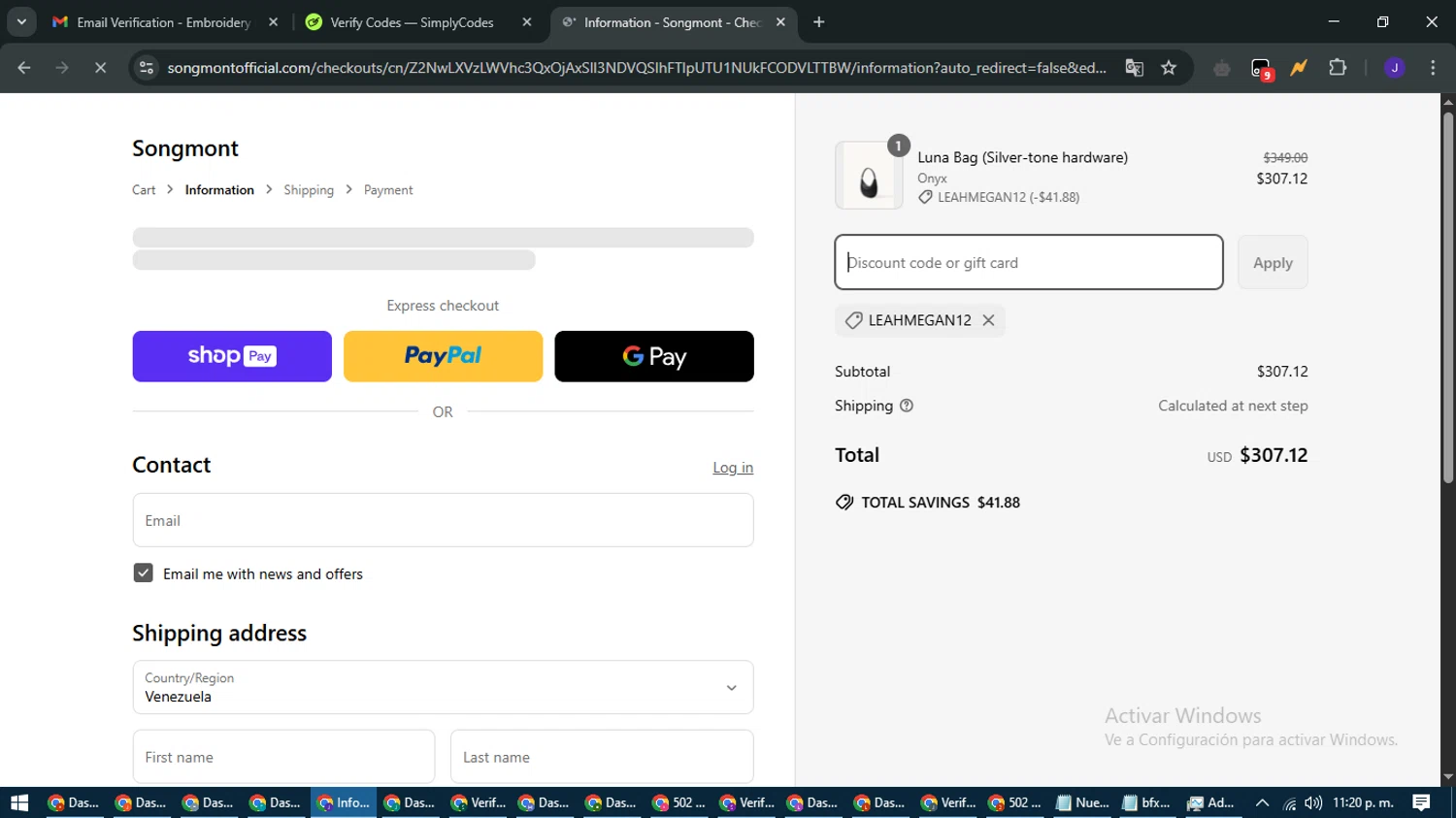 Songmont discount code screenshot showing code LEAHMEGAN12 applied at Songmont checkout page. Uploaded by SimplyCodes community member LegendaryLegend9872 on Apr 7, 2025