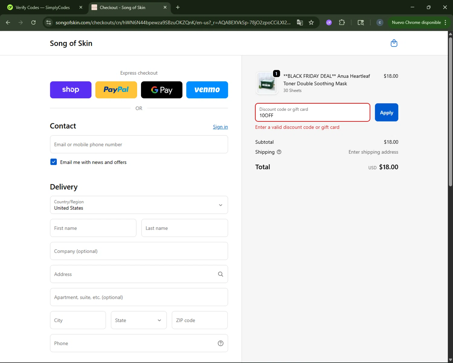 Song of Skin discount code screenshot showing code 10OFF applied at Song of Skin checkout page. Uploaded by SimplyCodes community member CouponAce2971 on Dec 13, 2025