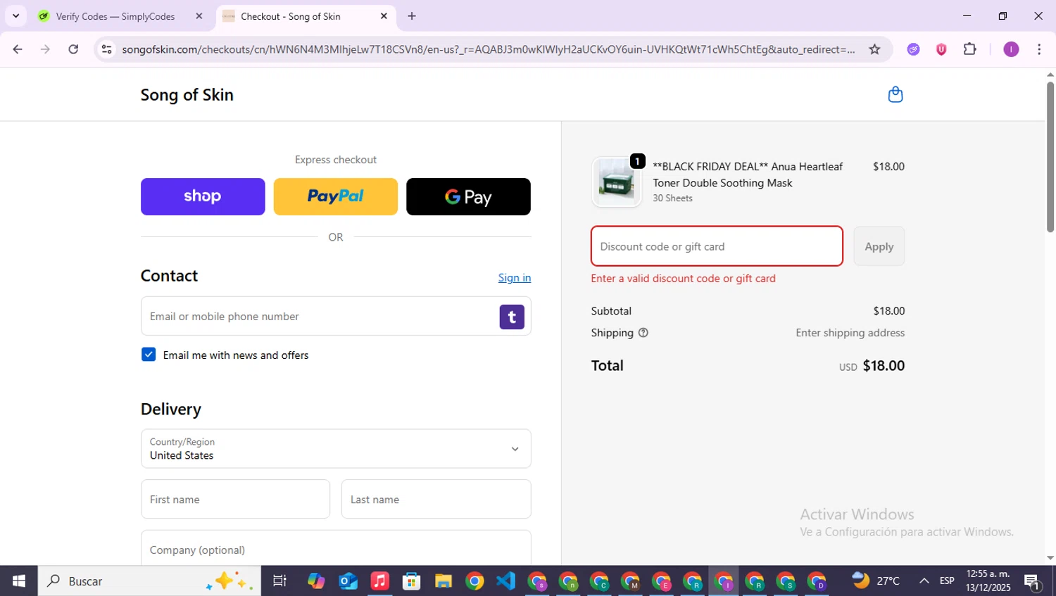 Song of Skin discount code screenshot showing code 10OFF applied at Song of Skin checkout page. Uploaded by SimplyCodes community member RebateAce6764 on Dec 13, 2025