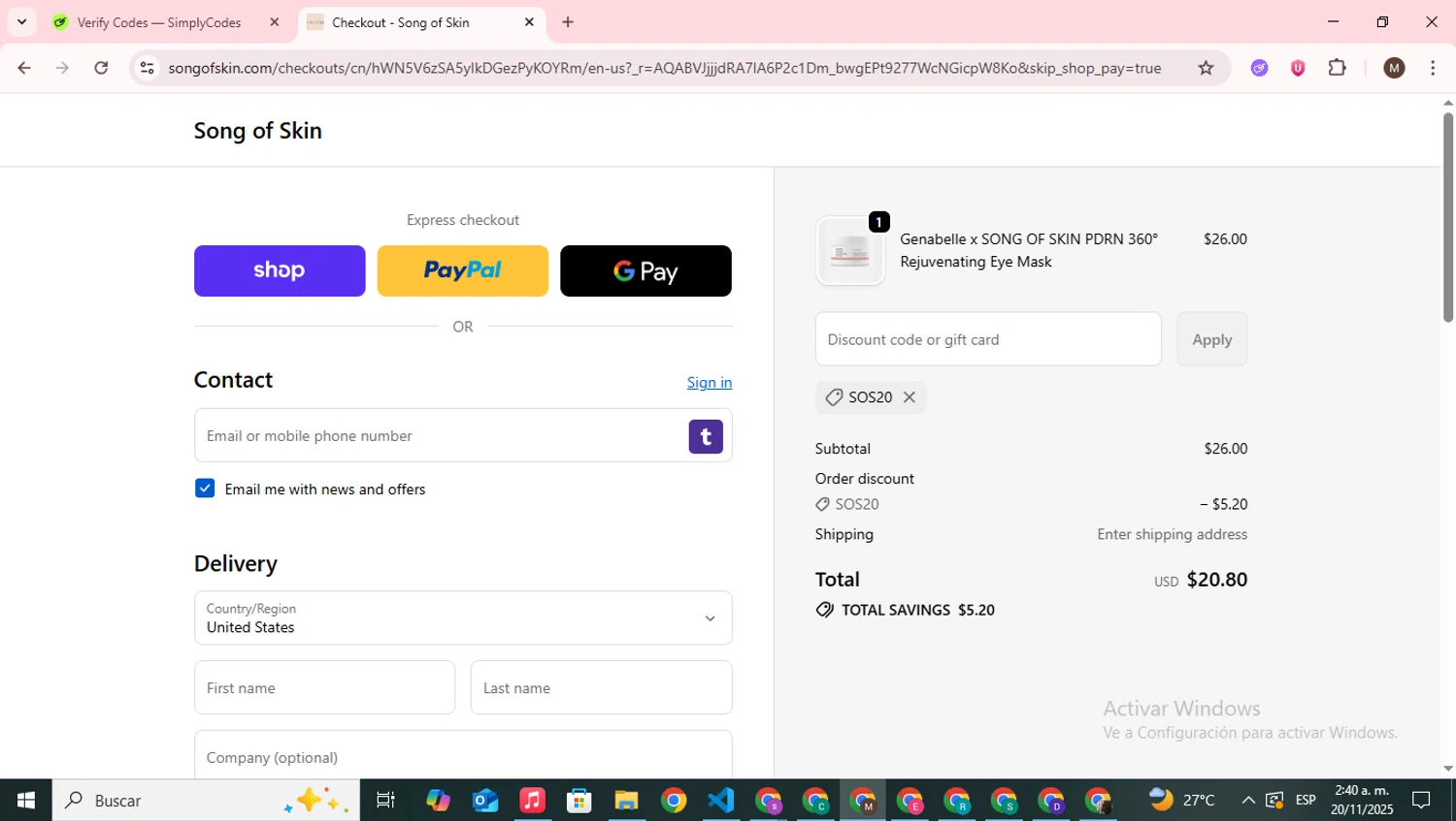 Song of Skin discount code screenshot showing code sos20 applied at Song of Skin checkout page. Uploaded by SimplyCodes community member WonderWizard9060 on Nov 20, 2025