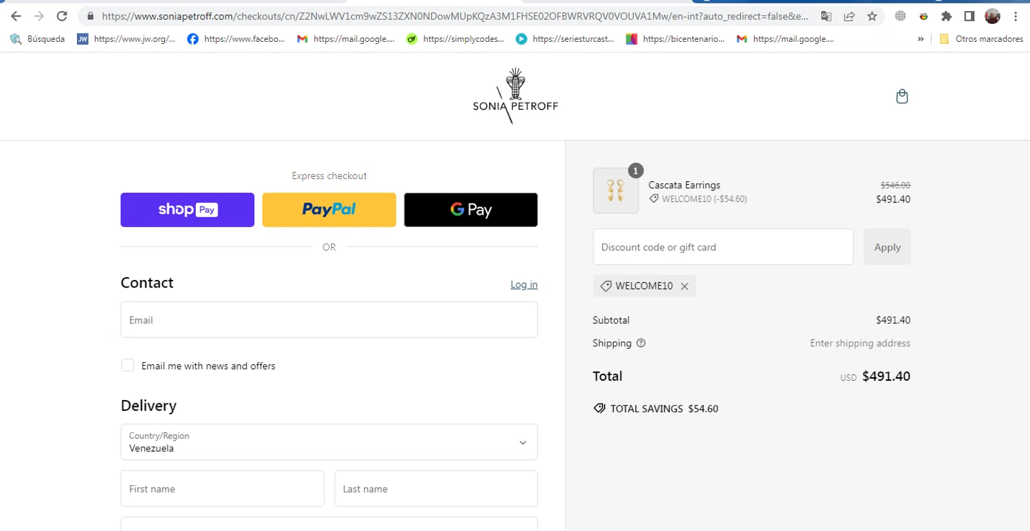 Sonia Petroff promo code screenshot showing code WELCOME10 applied at Sonia Petroff checkout page. Uploaded by SimplyCodes community member MarinaDelgado on Jan 24, 2025