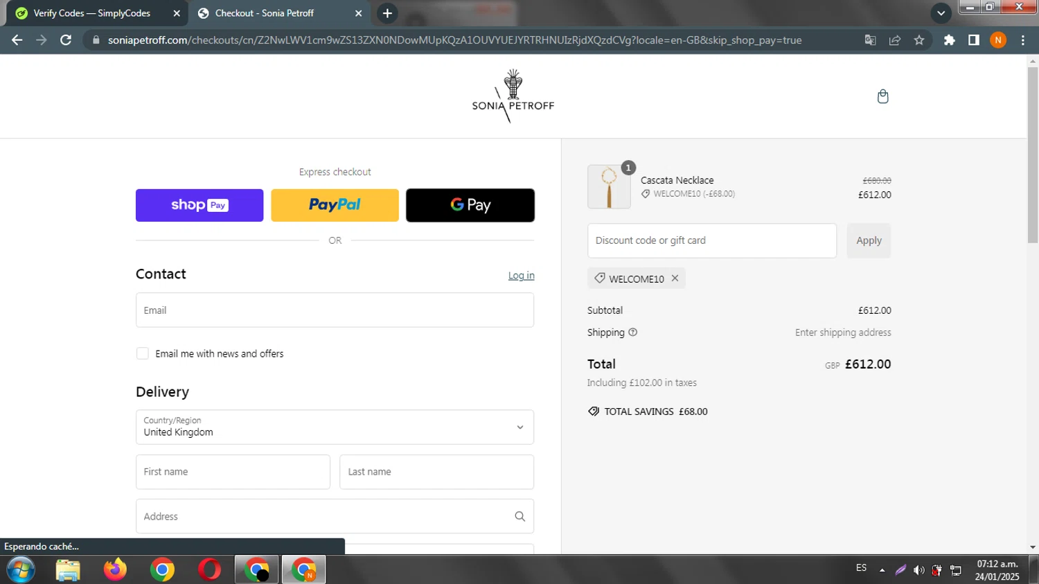 Sonia Petroff promo code screenshot showing code WELCOME10 applied at Sonia Petroff checkout page. Uploaded by SimplyCodes community member guanipa on Jan 24, 2025