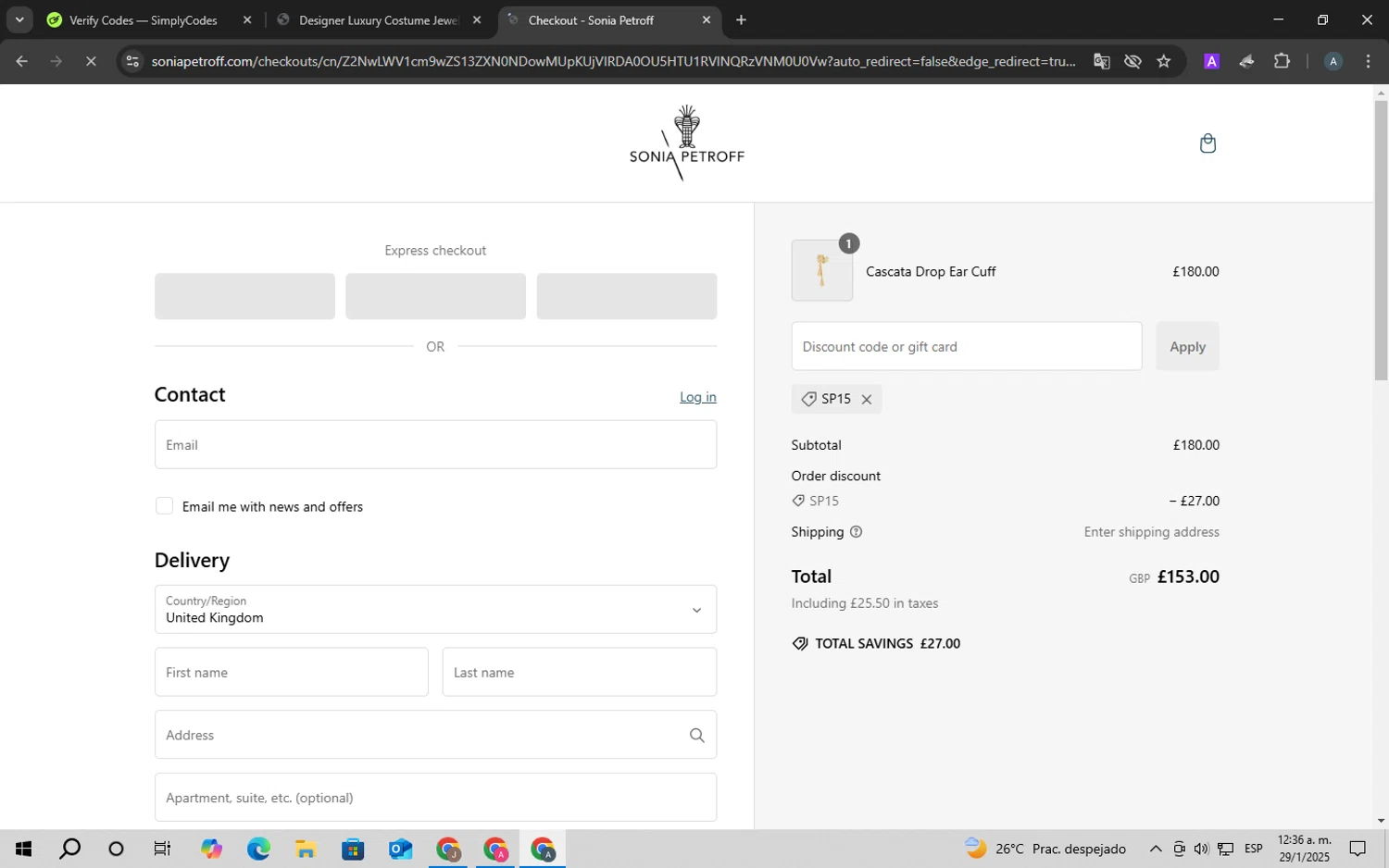 Sonia Petroff promo code screenshot showing code SP15 applied at Sonia Petroff checkout page. Uploaded by SimplyCodes community member ScanSpotter8851 on Jan 29, 2025