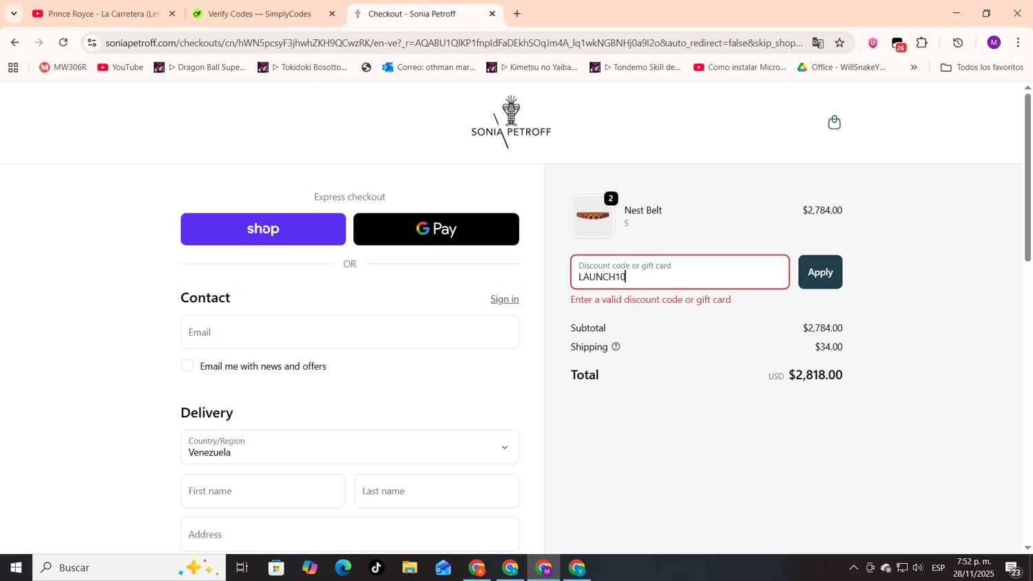 Sonia Petroff promo code screenshot showing code LAUNCH10 applied at Sonia Petroff checkout page. Uploaded by SimplyCodes community member cod_gakpo on Nov 28, 2025