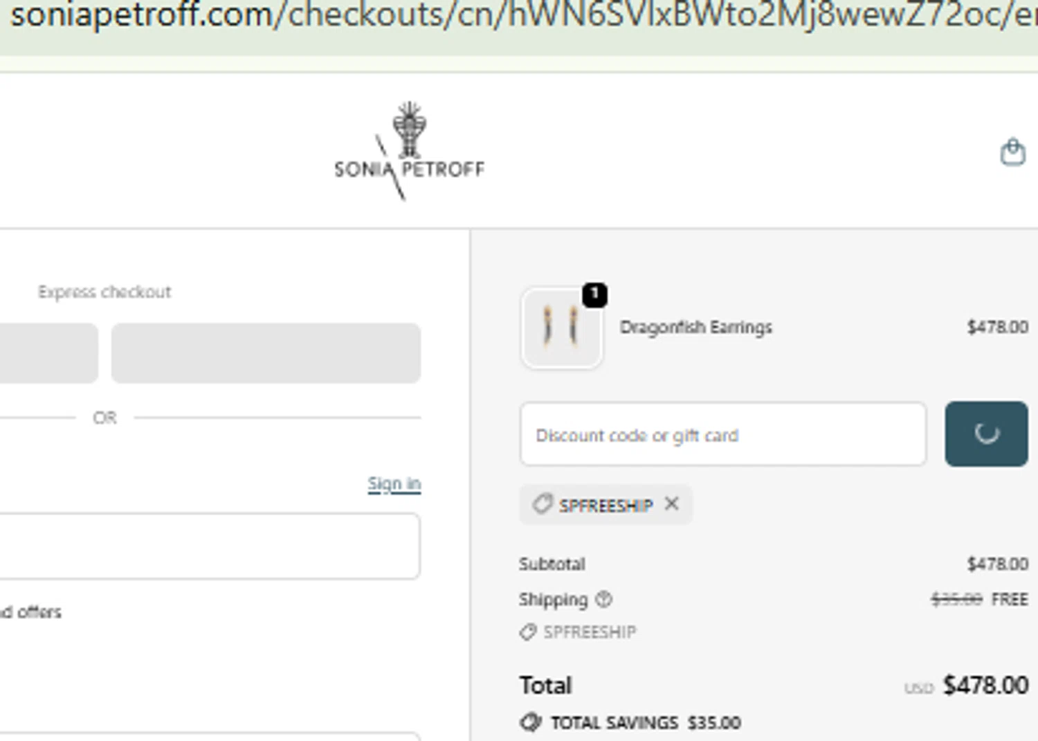Sonia Petroff checkout page showing Sonia Petroff promo code box | Screenshot taken by SimplyCodes community member on Dec 15, 2025