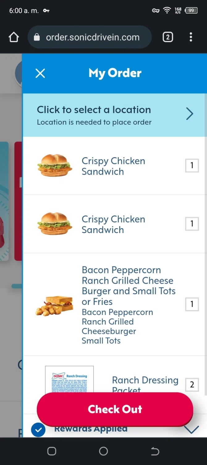 Sonic Drive-In checkout page showing Sonic Drive-In promo code box | Screenshot taken by SimplyCodes community member on Aug 28, 2023