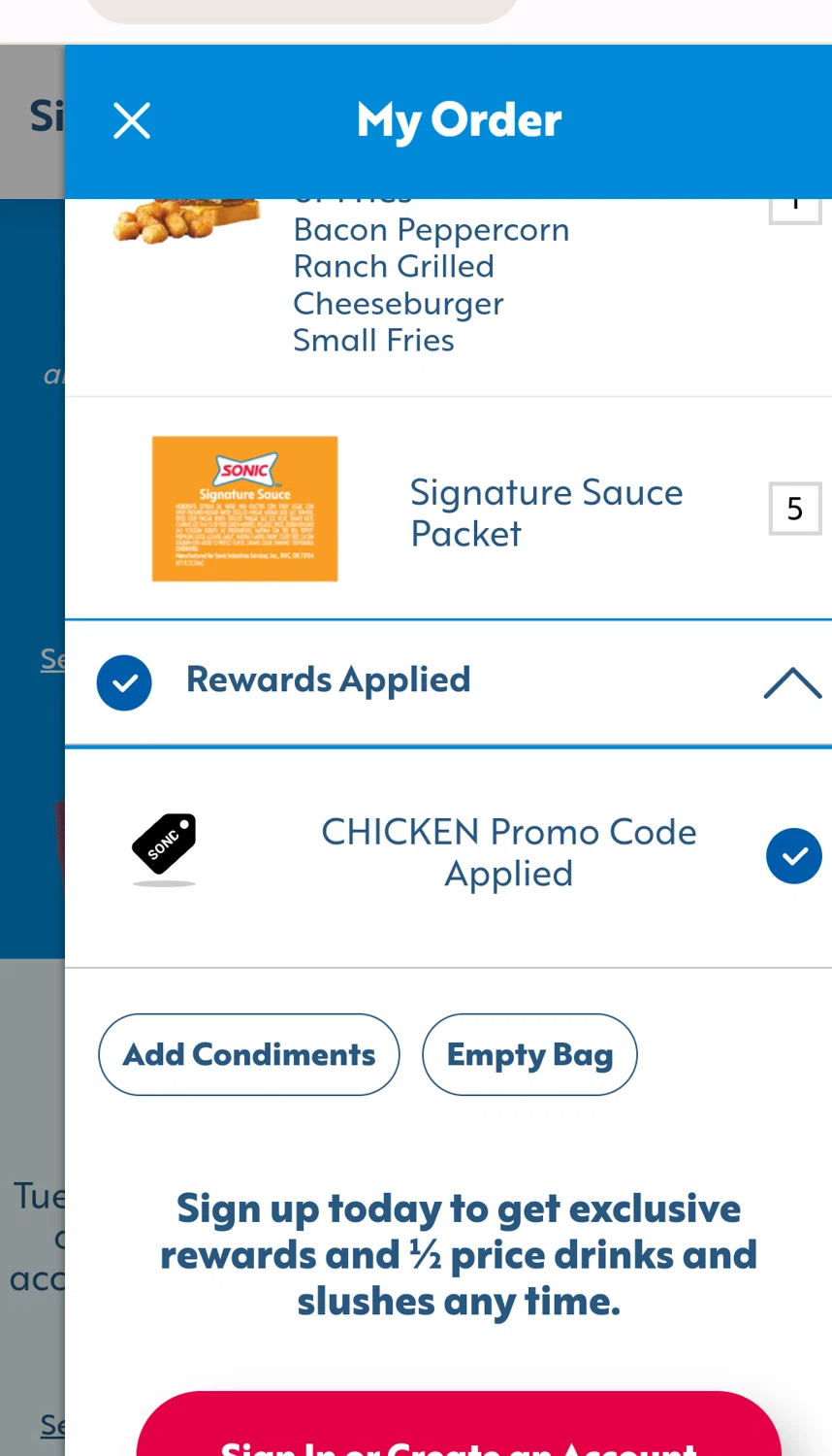 Sonic Drive-In checkout page showing Sonic Drive-In promo code box | Screenshot taken by SimplyCodes community member on Sep 12, 2023