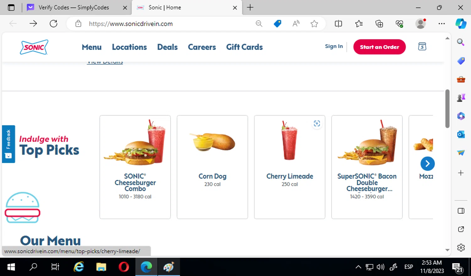 Sonic Drive-In checkout page showing Sonic Drive-In promo code box | Screenshot taken by SimplyCodes community member on Nov 8, 2023