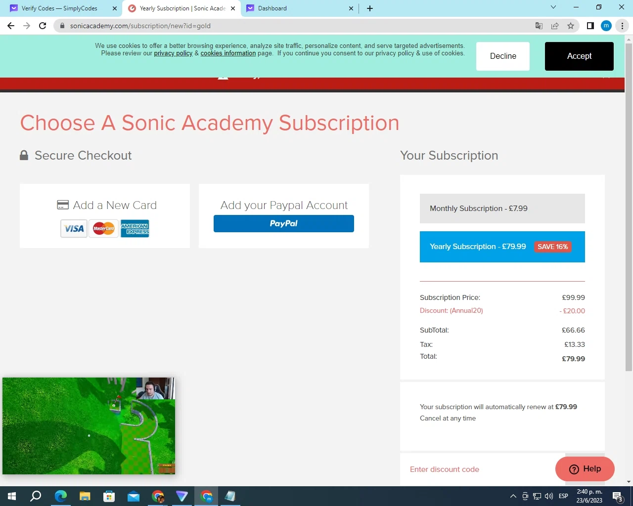 Sonic Academy checkout page showing Sonic Academy promo code box | Screenshot taken by SimplyCodes community member on Jun 23, 2023