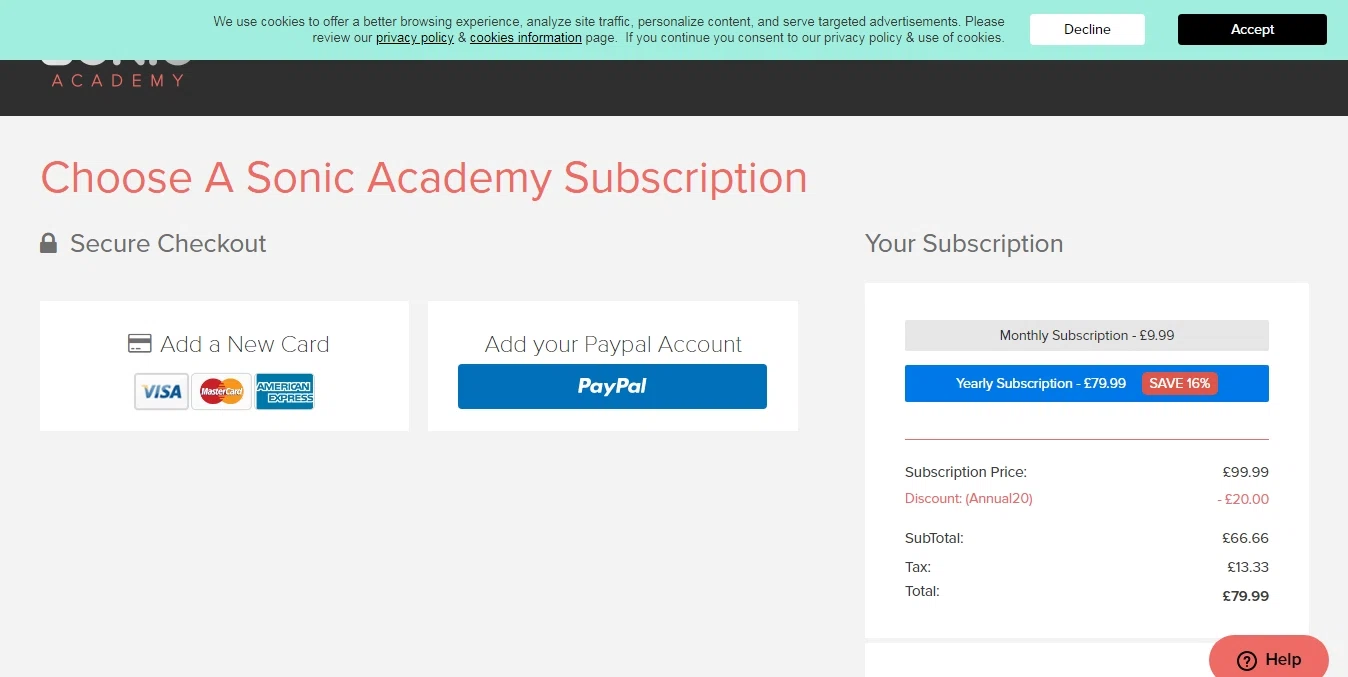 Sonic Academy checkout page showing Sonic Academy promo code box | Screenshot taken by SimplyCodes community member on Aug 7, 2023