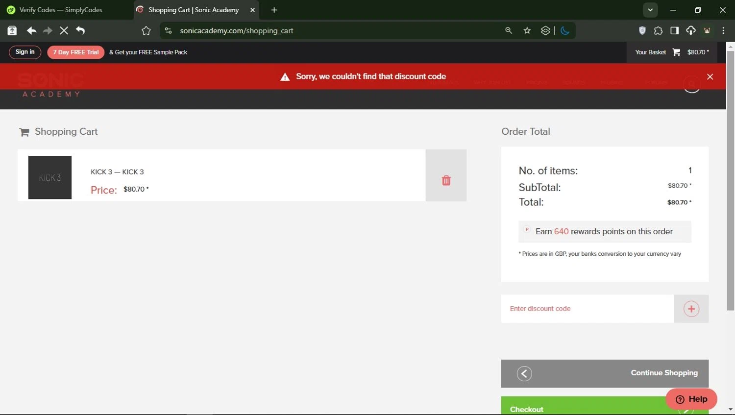 Sonic Academy promo code screenshot showing code Annual20 applied at Sonic Academy checkout page. Uploaded by SimplyCodes community member domain on Feb 25, 2025