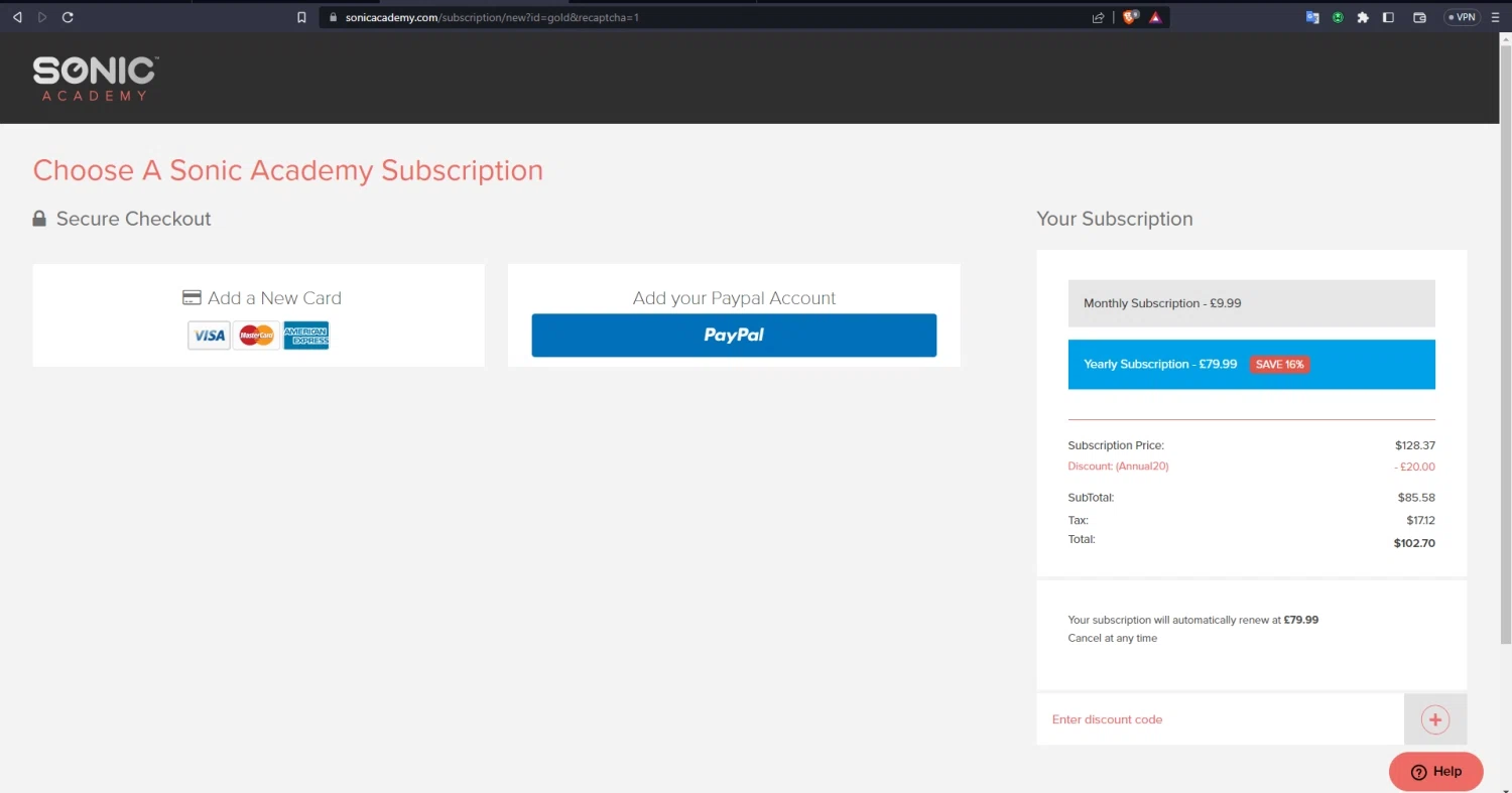 Sonic Academy checkout page showing Sonic Academy promo code box | Screenshot taken by SimplyCodes community member on Jul 8, 2023