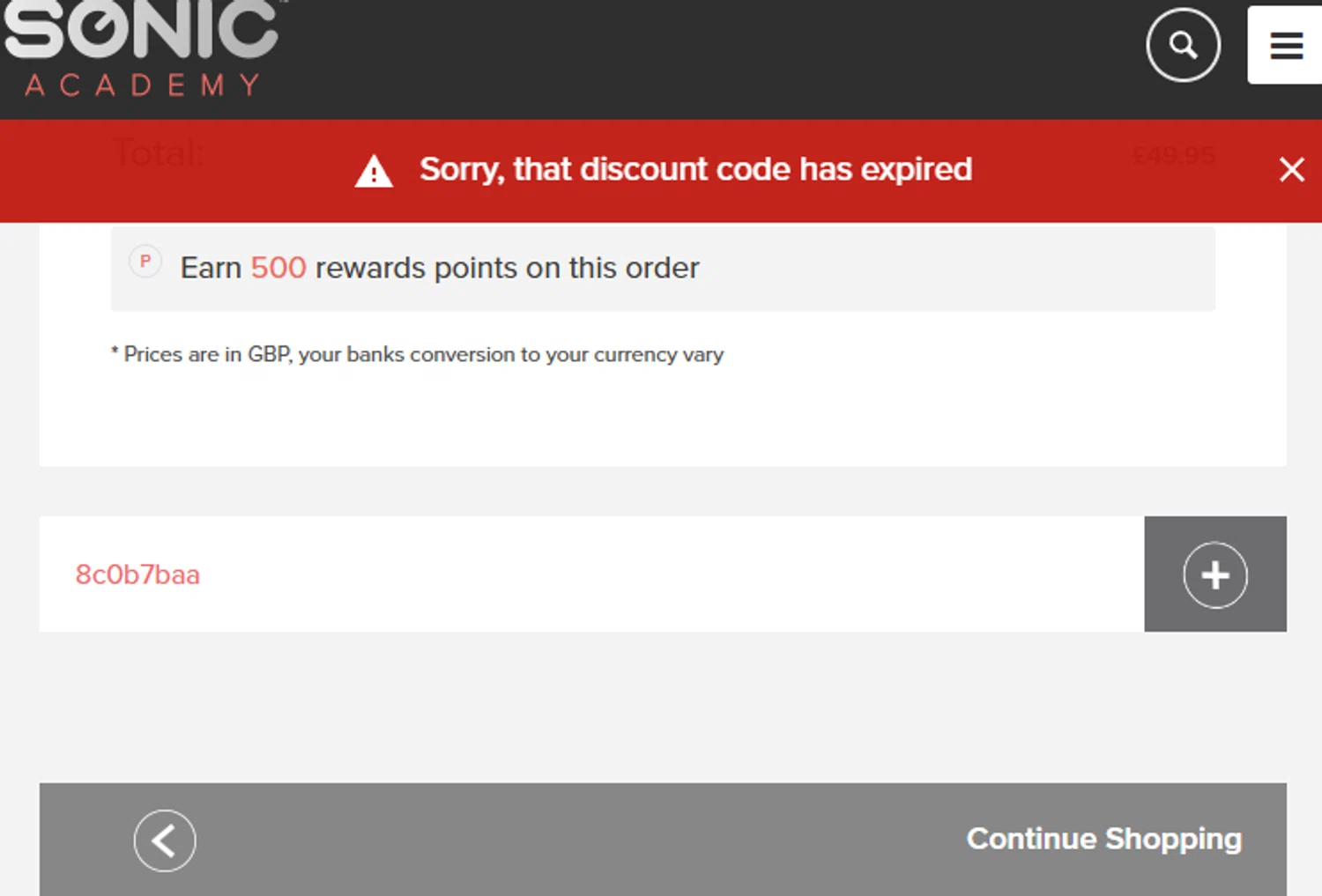 Sonic Academy promo code screenshot showing code 8c0b7baa applied at Sonic Academy checkout page. Uploaded by SimplyCodes community member Woskal on Feb 25, 2025