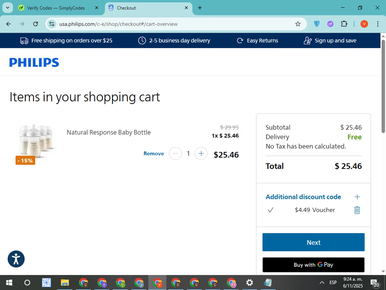 Sonicare promo code screenshot showing code SAVE15 applied at Sonicare checkout page. Uploaded by SimplyCodes community member CodeMonarch8148 on Nov 6, 2025