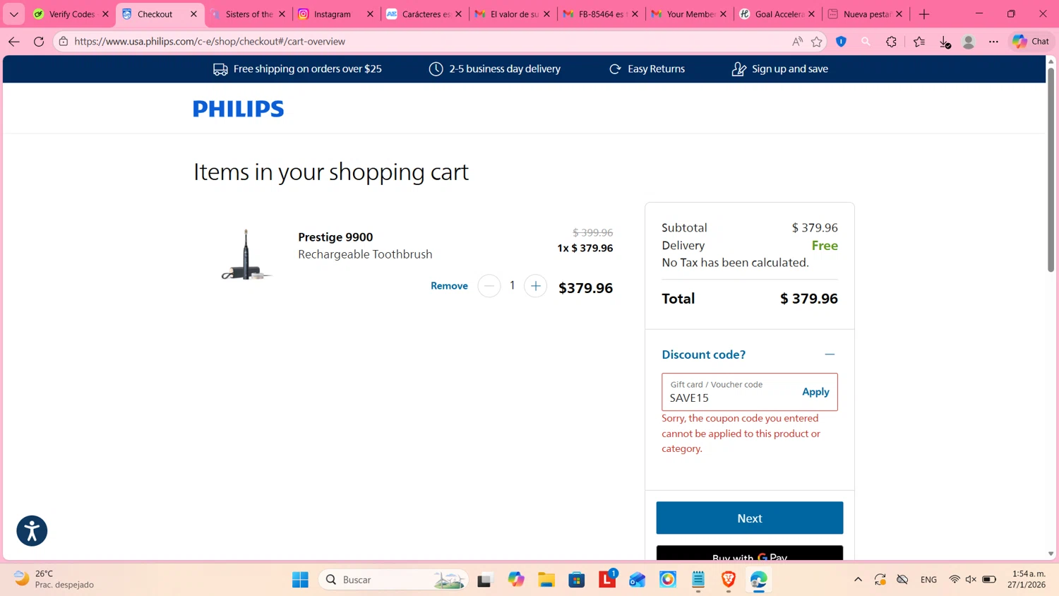 Sonicare promo code screenshot showing code SAVE15 applied at Sonicare checkout page. Uploaded by SimplyCodes community member cosita on Jan 27, 2026