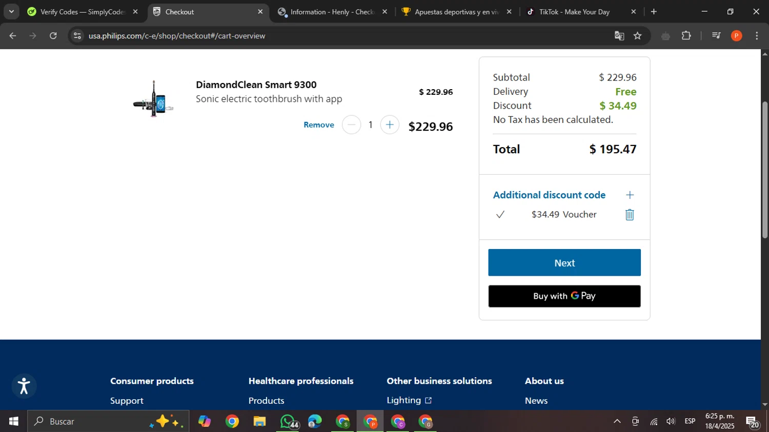 Sonicare promo code screenshot showing code STUDENT15 applied at Sonicare checkout page. Uploaded by SimplyCodes community member VictoriousCaptain2658 on Apr 18, 2025