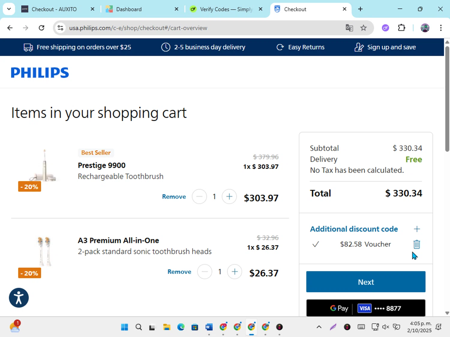 Sonicare promo code screenshot showing code UCD20 applied at Sonicare checkout page. Uploaded by SimplyCodes community member DiscountGenius6081 on Oct 2, 2025