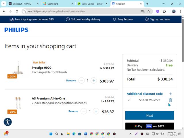 Sonicare checkout page showing Sonicare promo code box | Screenshot taken by SimplyCodes community member on Oct 2, 2025