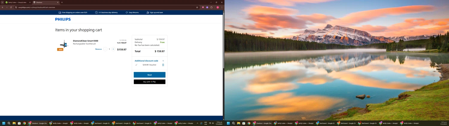 Sonicare promo code screenshot showing code Wellness20 applied at Sonicare checkout page. Uploaded by SimplyCodes community member TreasureWarden457 on Nov 7, 2025