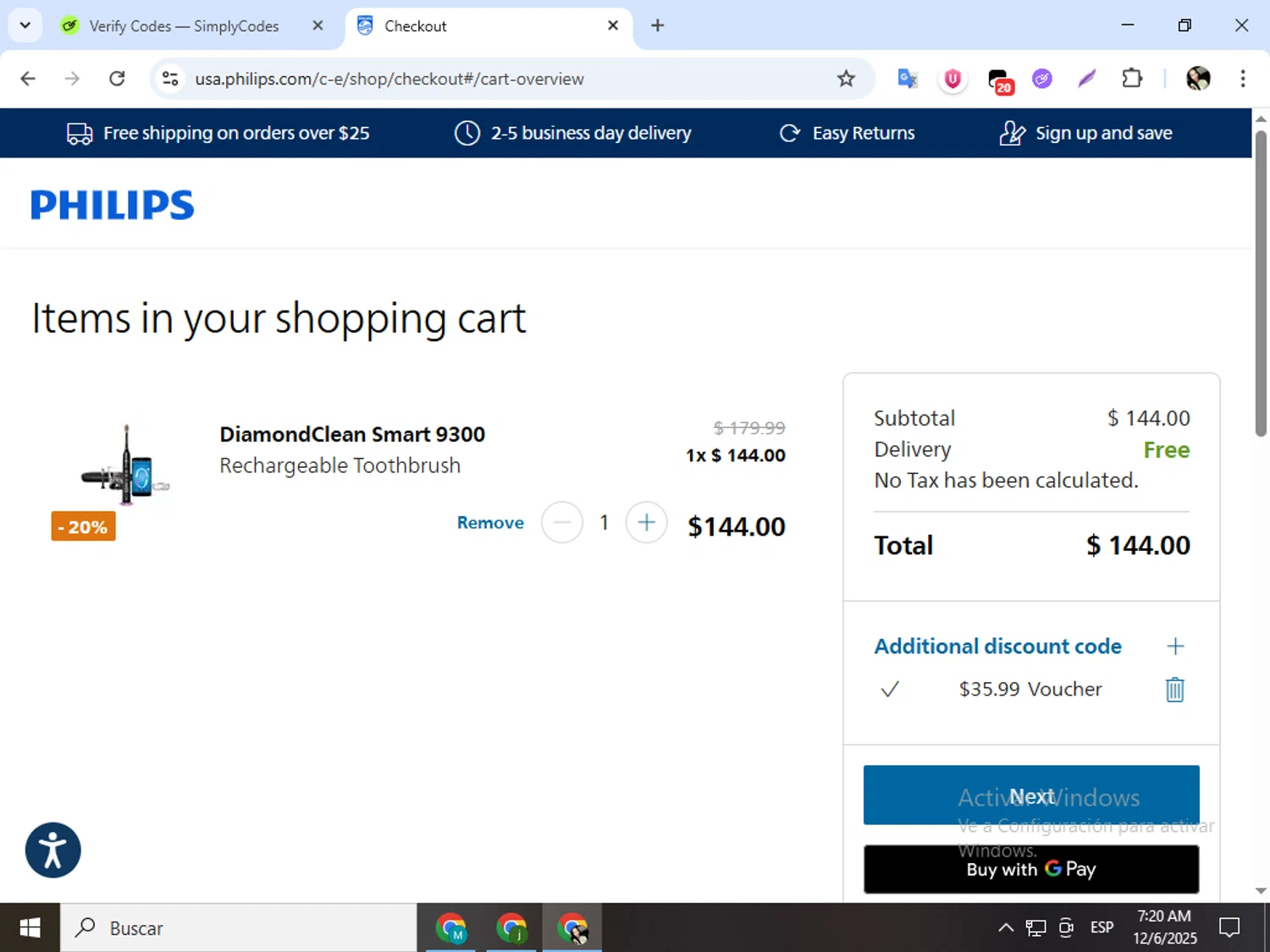 Sonicare promo code screenshot showing code Wellness20 applied at Sonicare checkout page. Uploaded by SimplyCodes community member mariapolancog on Dec 6, 2025
