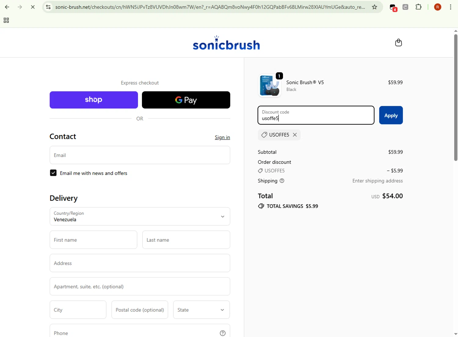 Sonic Brush® discount code screenshot showing code usoffe5 applied at Sonic Brush® checkout page. Uploaded by SimplyCodes community member ShieldMonarch1065 on Nov 25, 2025