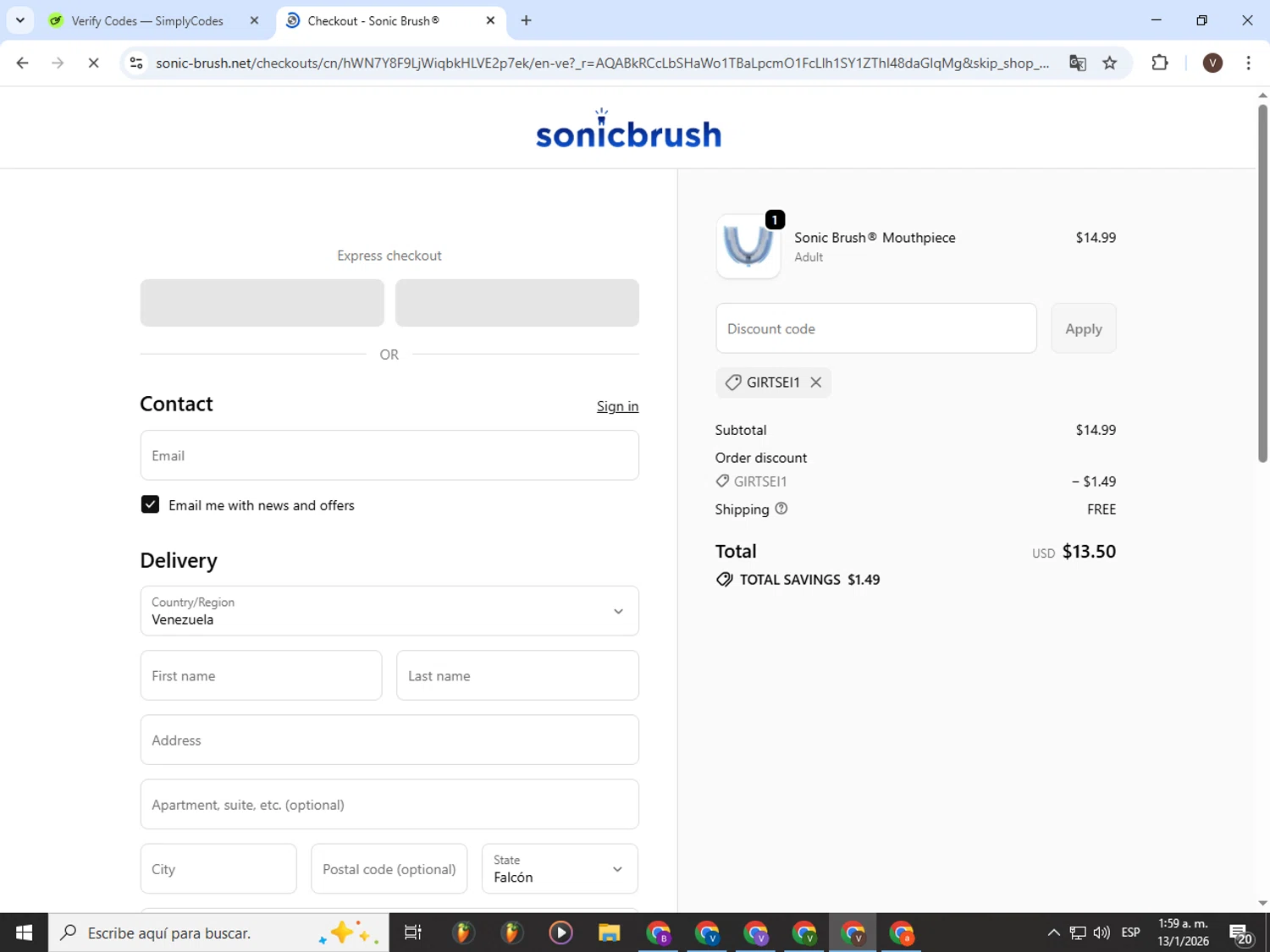 Sonic Brush® discount code screenshot showing code girtsei1 applied at Sonic Brush® checkout page. Uploaded by SimplyCodes community member CashLion3448 on Jan 13, 2026