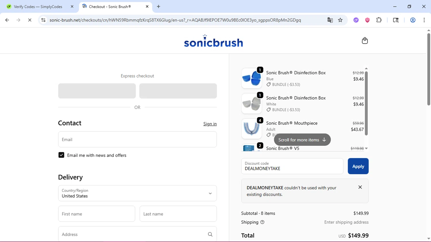 Sonic Brush® discount code screenshot showing code DEALMONEYTAKE applied at Sonic Brush® checkout page. Uploaded by SimplyCodes community member dolce_codmax213 on Nov 11, 2025