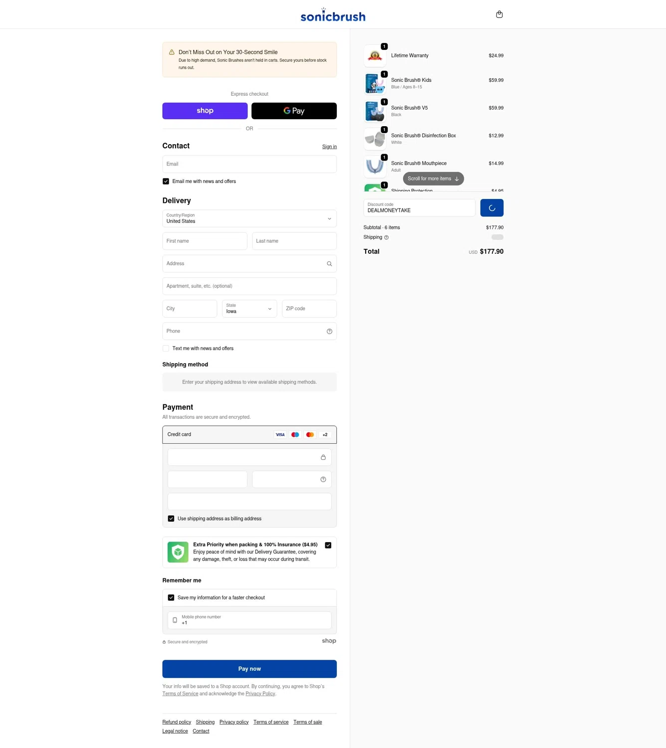 Sonic Brush® discount code screenshot showing code DEALMONEYTAKE applied at Sonic Brush® checkout page. Uploaded by SimplyCodes community member terricameron on Feb 4, 2026