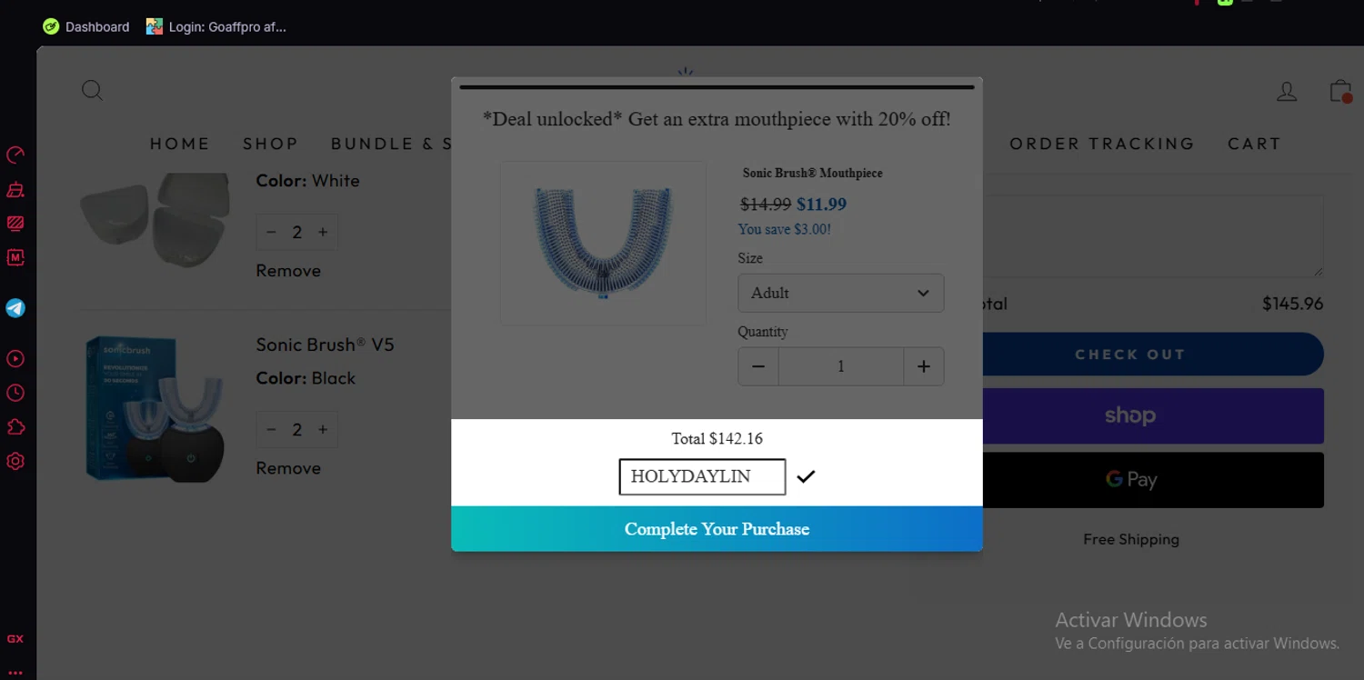 Sonic Brush® discount code screenshot showing code HOLYDAYLIN applied at Sonic Brush® checkout page. Uploaded by SimplyCodes community member Noxu350 on Dec 28, 2025