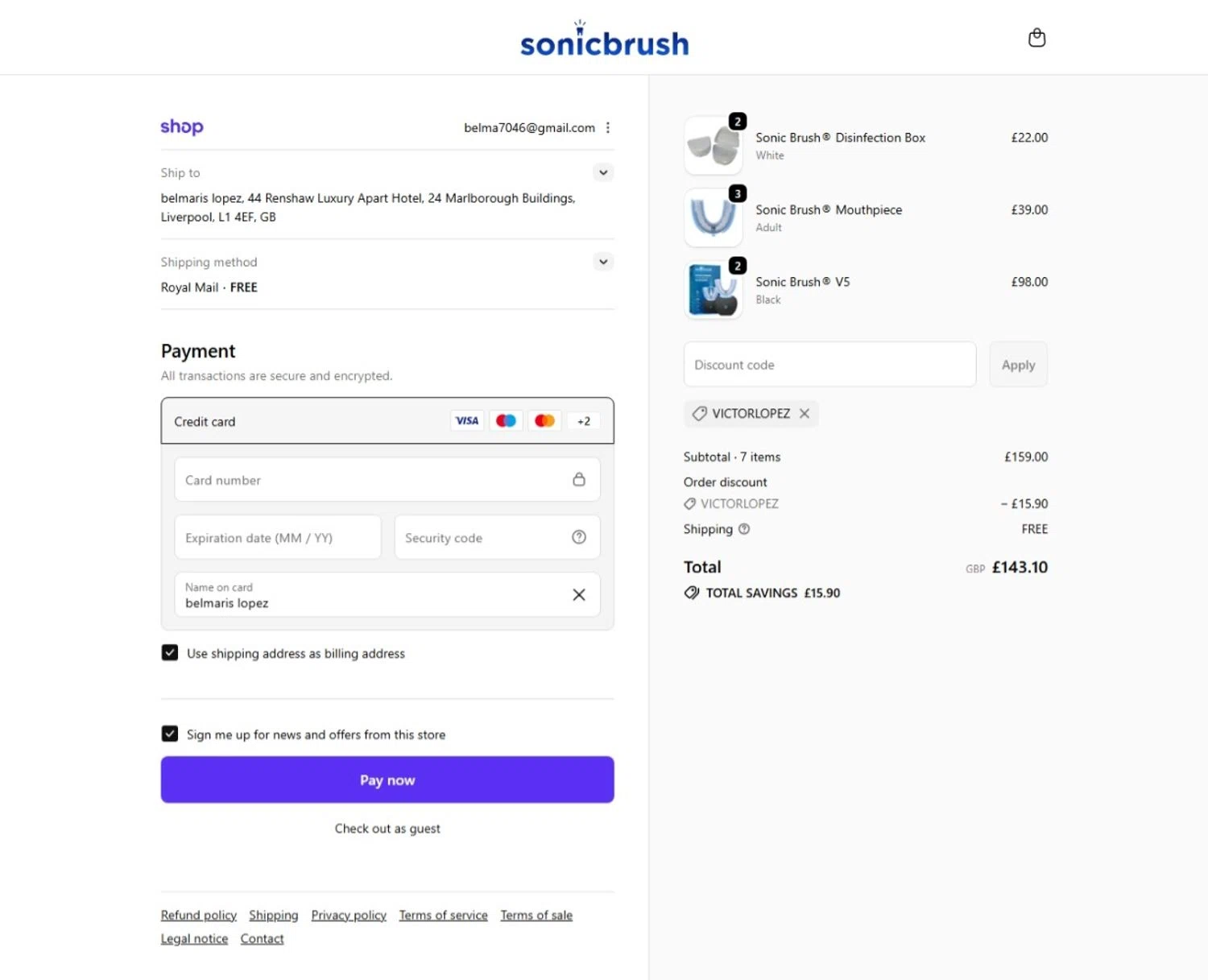 Sonic Brush® discount code screenshot showing code VICTORLOPEZ applied at Sonic Brush® checkout page. Uploaded by SimplyCodes community member belma123 on Jan 27, 2026
