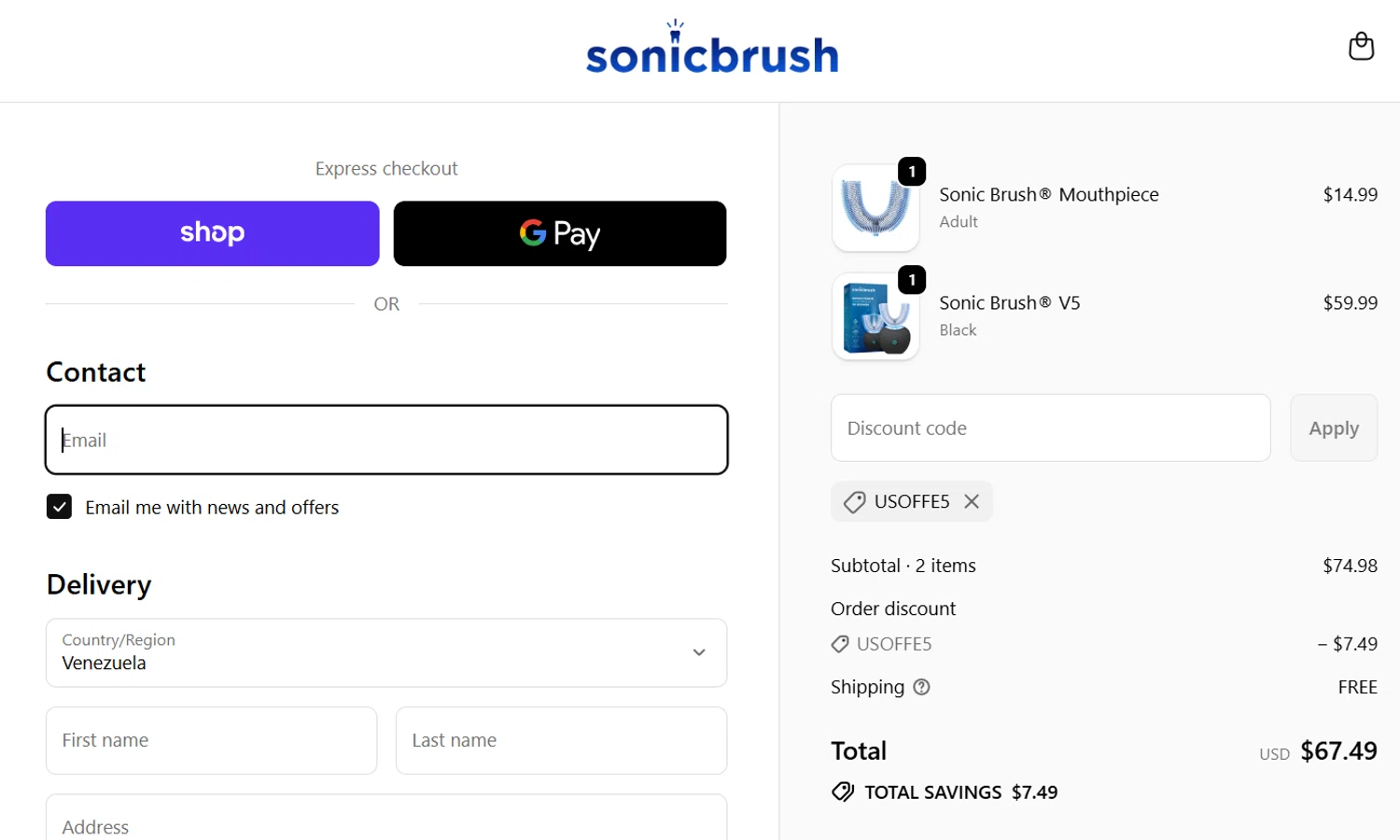 Sonic Brush® discount code screenshot showing code usoffe5 applied at Sonic Brush® checkout page. Uploaded by SimplyCodes community member juancrisostomo on Sep 18, 2025