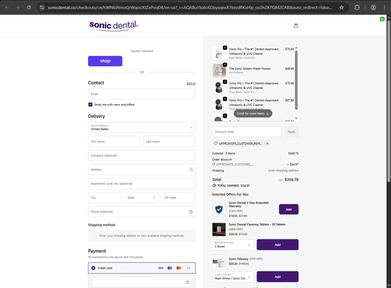 Sonic Dental promo code screenshot showing code UPPROMOTE_CUSTOMER_REFERRAL applied at Sonic Dental checkout page. Uploaded by SimplyCodes community member MAHORAGA on Dec 22, 2025