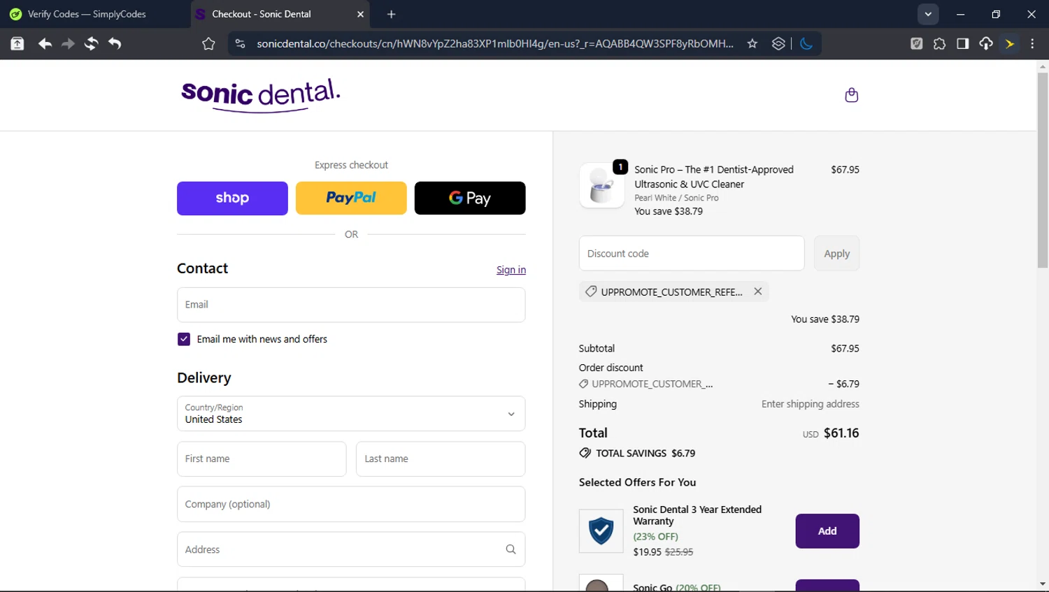 Sonic Dental promo code screenshot showing code UPPROMOTE_CUSTOMER_REFERRAL applied at Sonic Dental checkout page. Uploaded by SimplyCodes community member userrandon on Feb 18, 2026