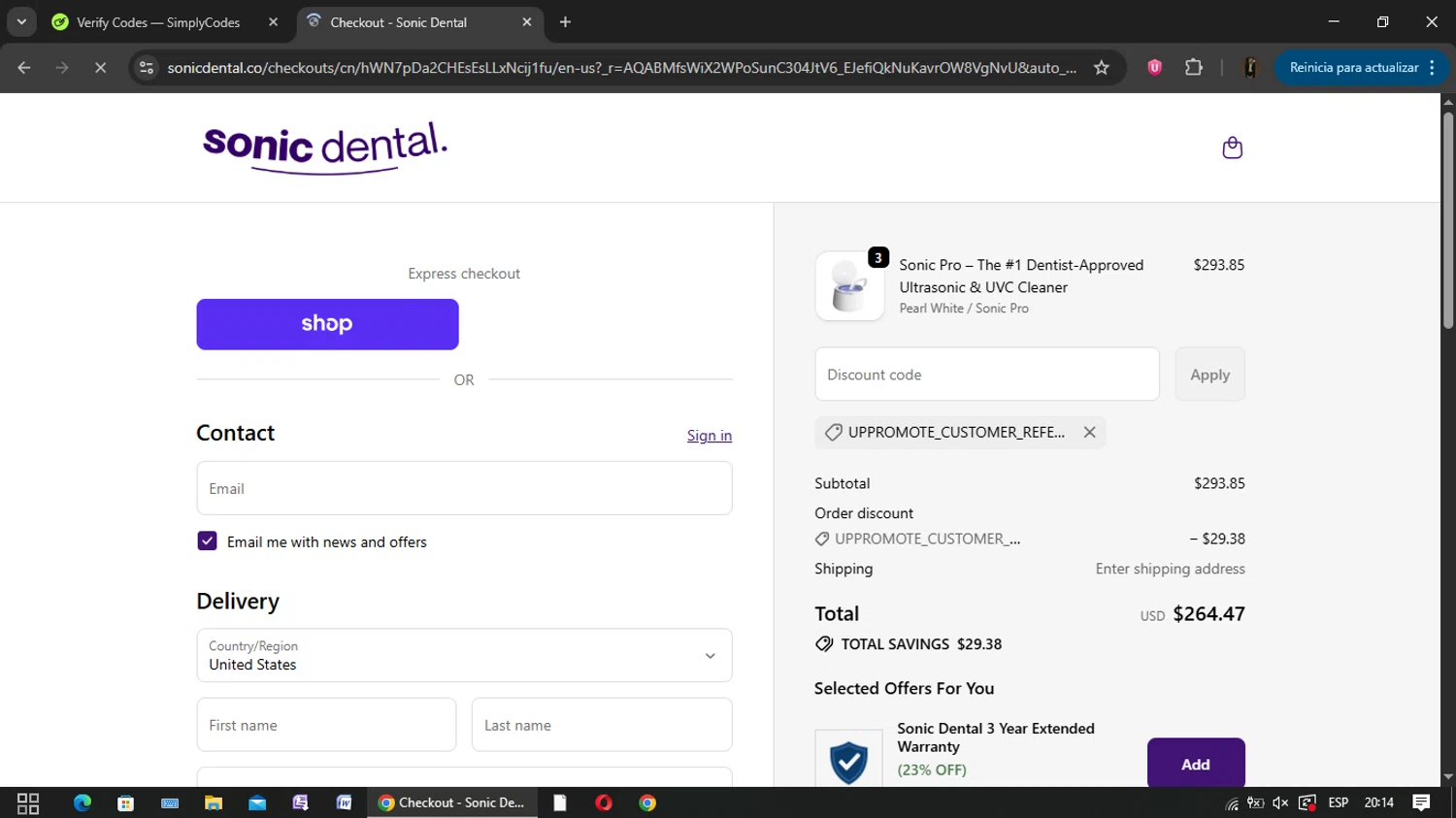 Sonic Dental promo code screenshot showing code UPPROMOTE_CUSTOMER_REFERRAL applied at Sonic Dental checkout page. Uploaded by SimplyCodes community member yisusgamer on Jan 20, 2026